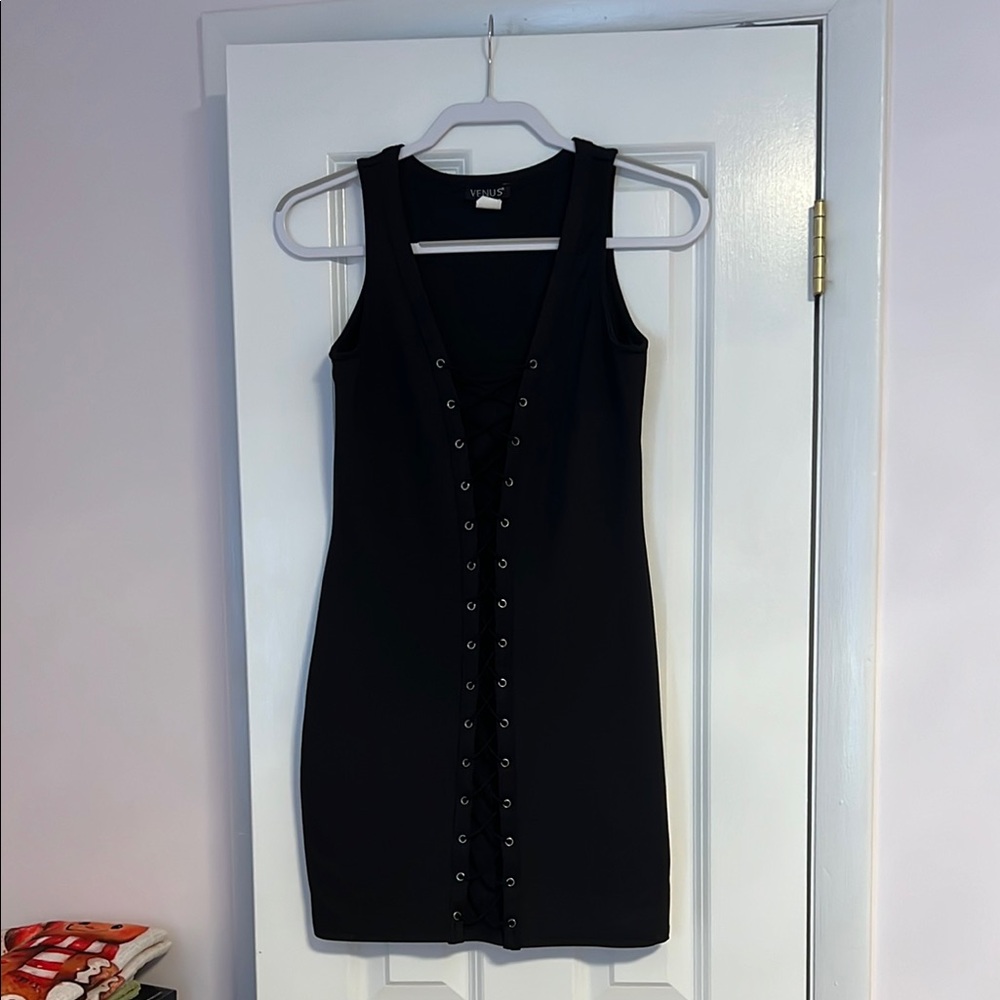 VENUS Black Mini Dress with Button Detail
